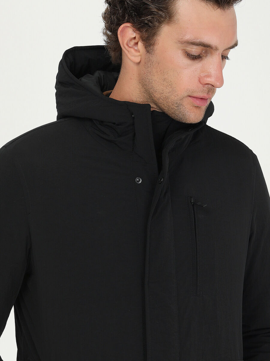 Black Regular Fit Hooded Casual Weaving Coat - 5