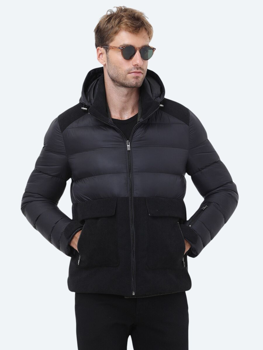 Black Regular Fit Hooded Casual Weaving Coat - 1