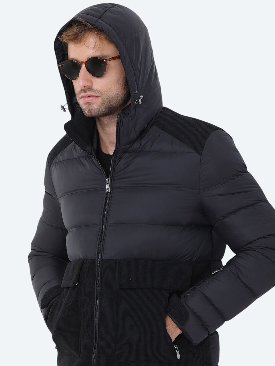 Black Regular Fit Hooded Casual Weaving Coat - 2