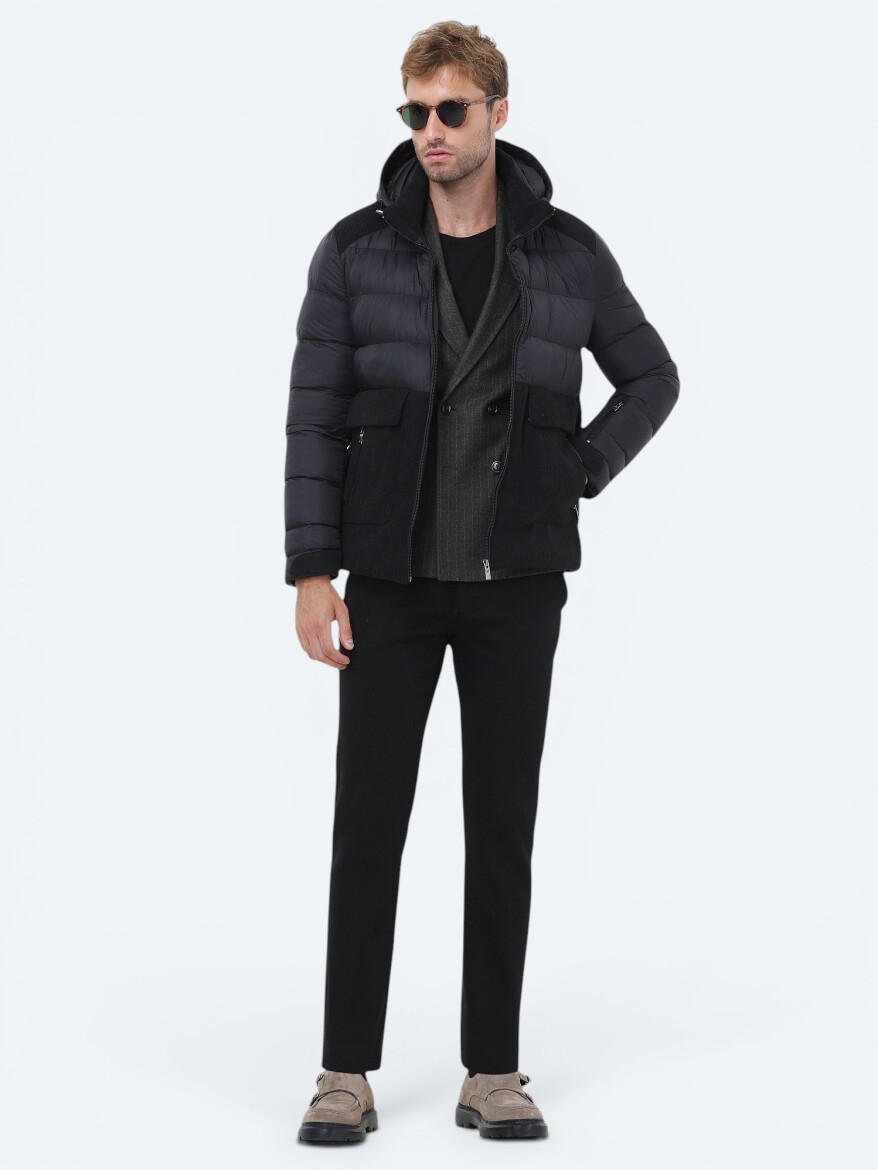 Black Regular Fit Hooded Casual Weaving Coat - 3