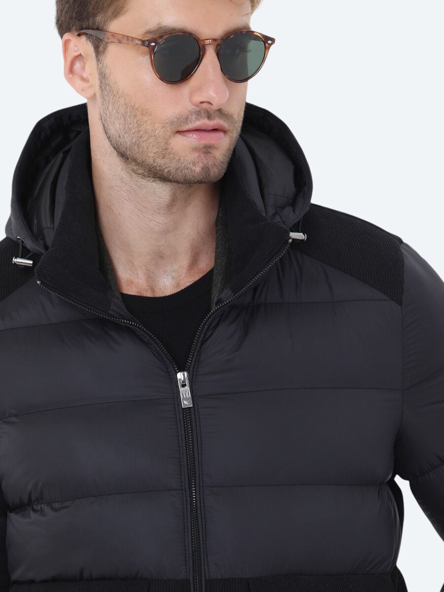 Black Regular Fit Hooded Casual Weaving Coat - 4