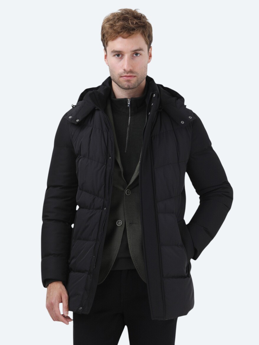 Black Regular Fit Hooded Casual Weaving Coat - 1