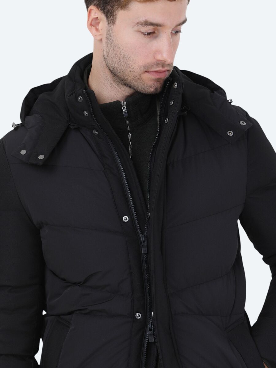 Black Regular Fit Hooded Casual Weaving Coat - 5