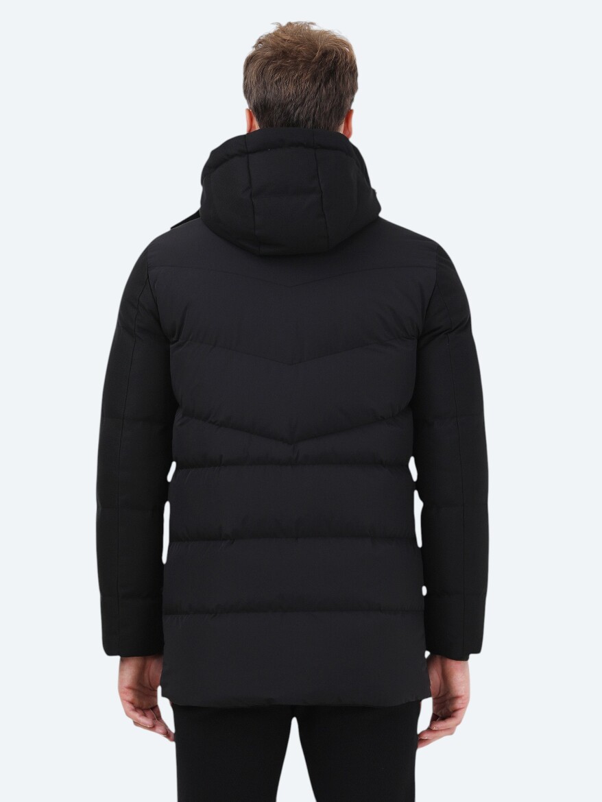 Black Regular Fit Hooded Casual Weaving Coat - 7