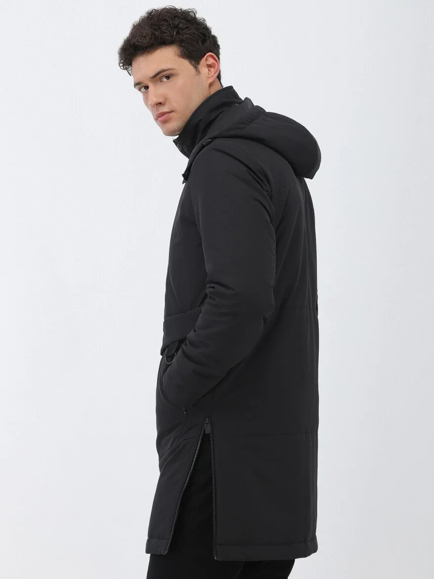 Black Regular Fit Hooded Casual Weaving Coat - 5