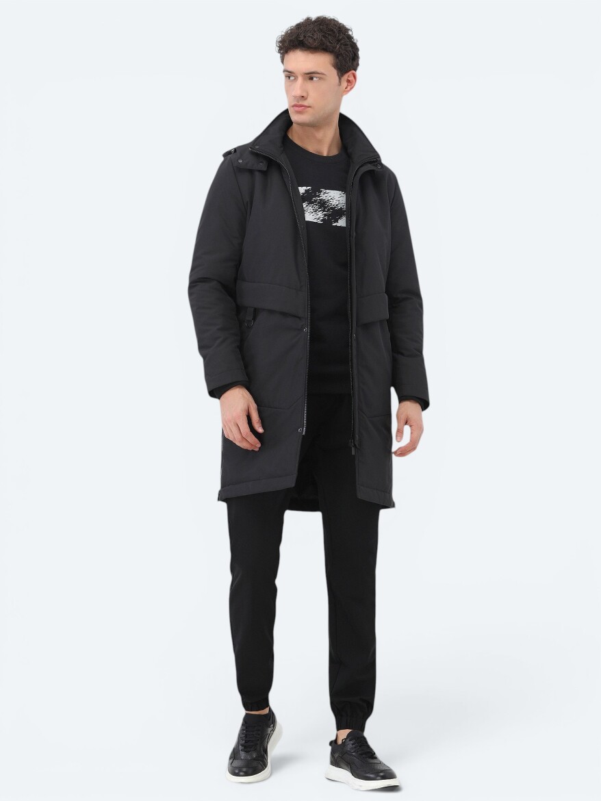 Black Regular Fit Hooded Casual Weaving Coat - 2