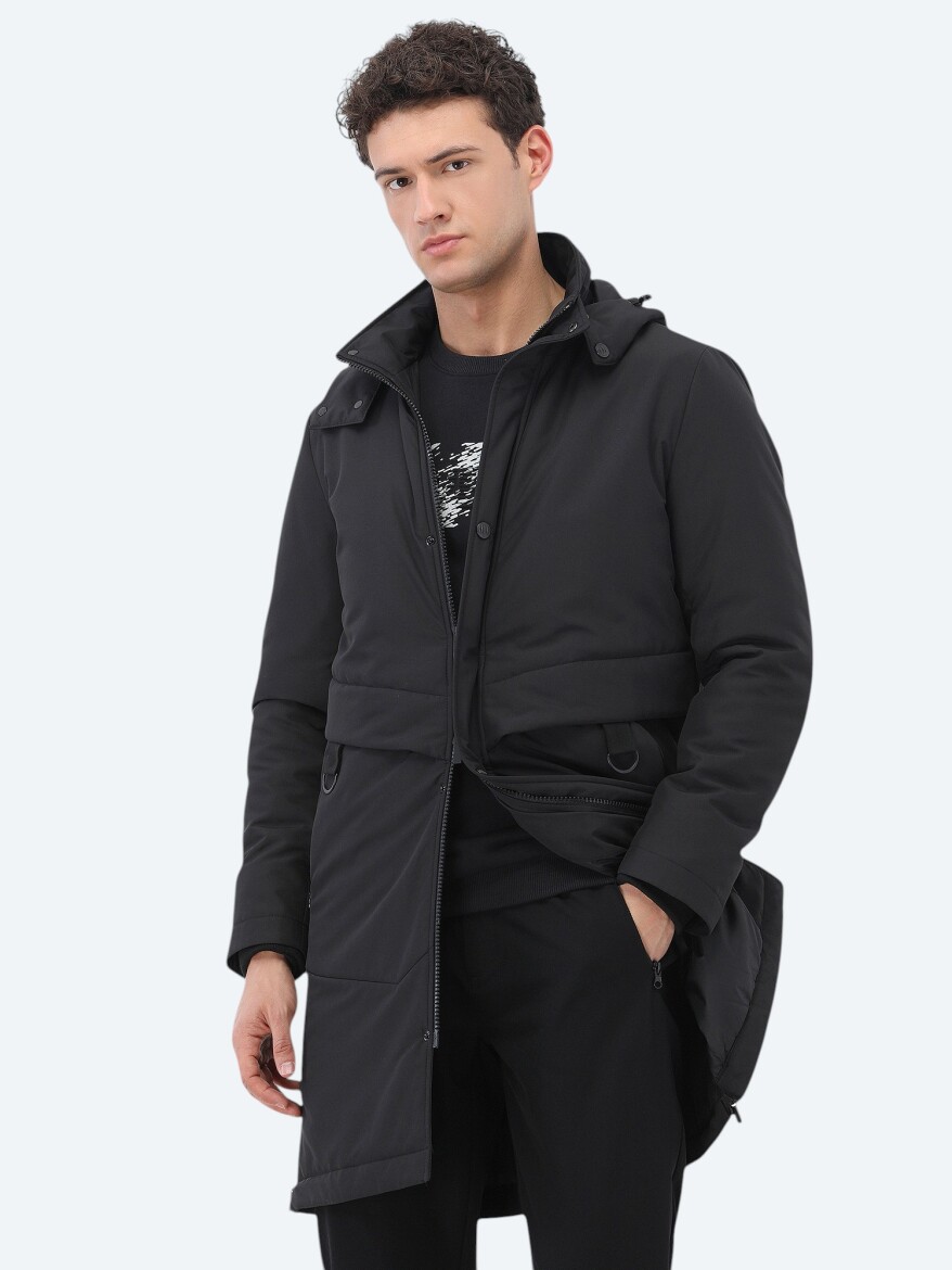Black Regular Fit Hooded Casual Weaving Coat - 3