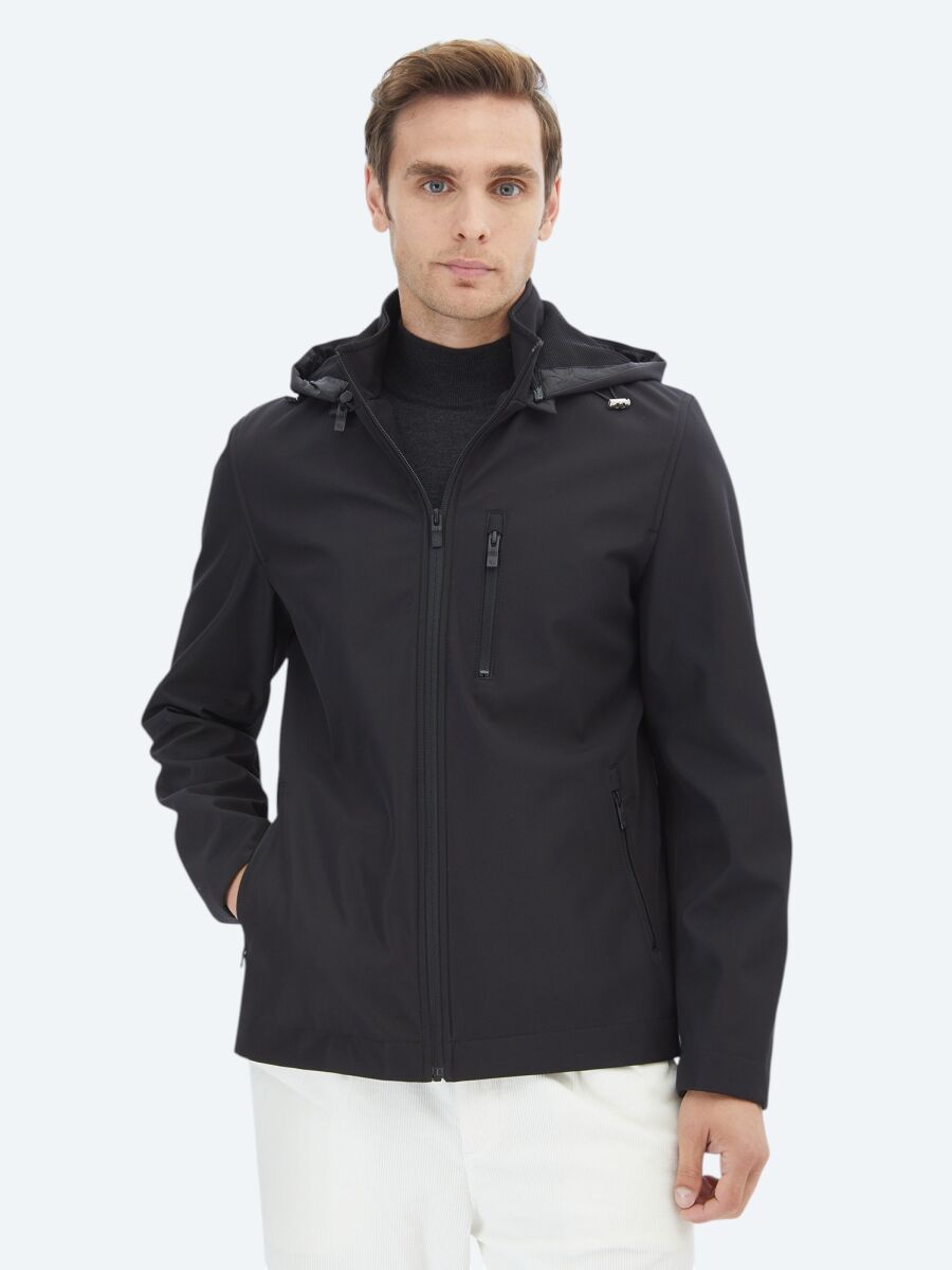 Black Regular Fit Hooded Casual Weaving Coat - 3