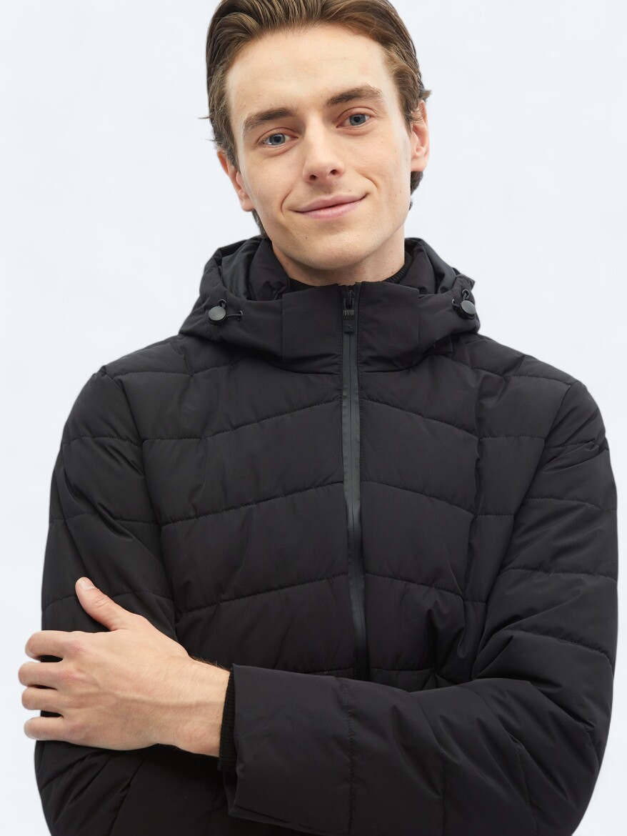 Black Regular Fit Hooded Casual Weaving Coat - 4