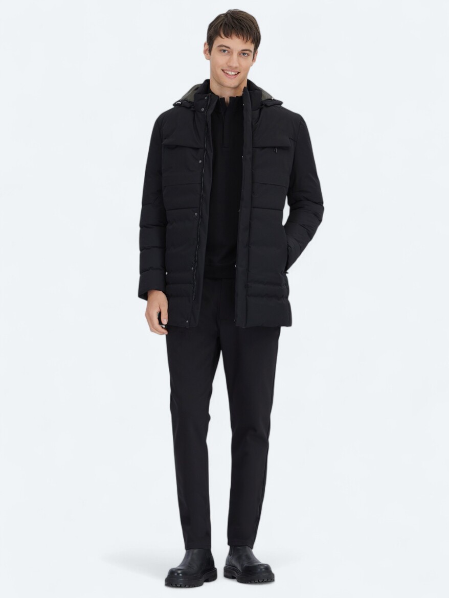 Black Regular Fit Hooded Casual Weaving Coat - KİP