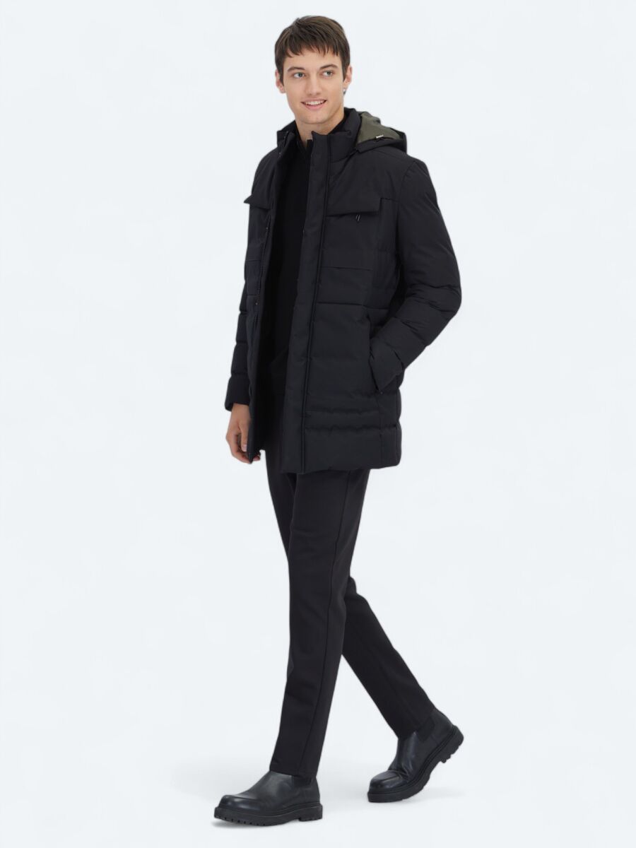 Black Regular Fit Hooded Casual Weaving Coat - 3