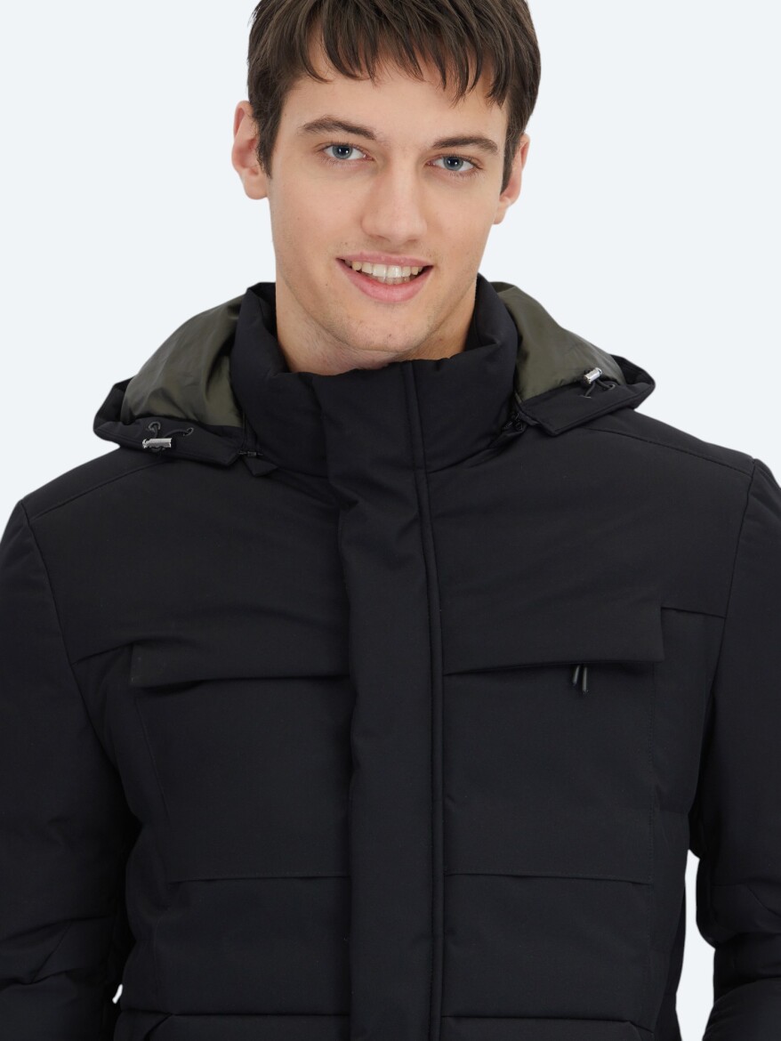 Black Regular Fit Hooded Casual Weaving Coat - 5