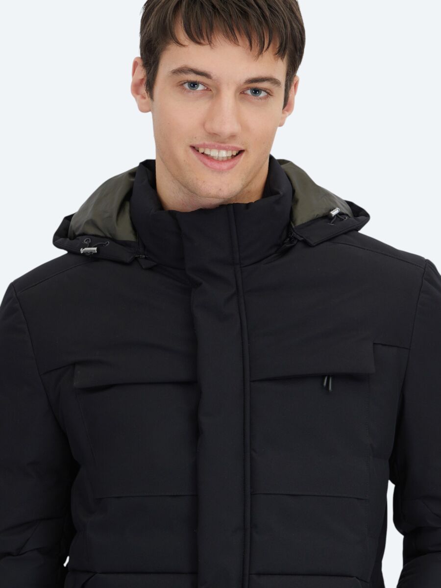 Black Regular Fit Hooded Casual Weaving Coat - 5