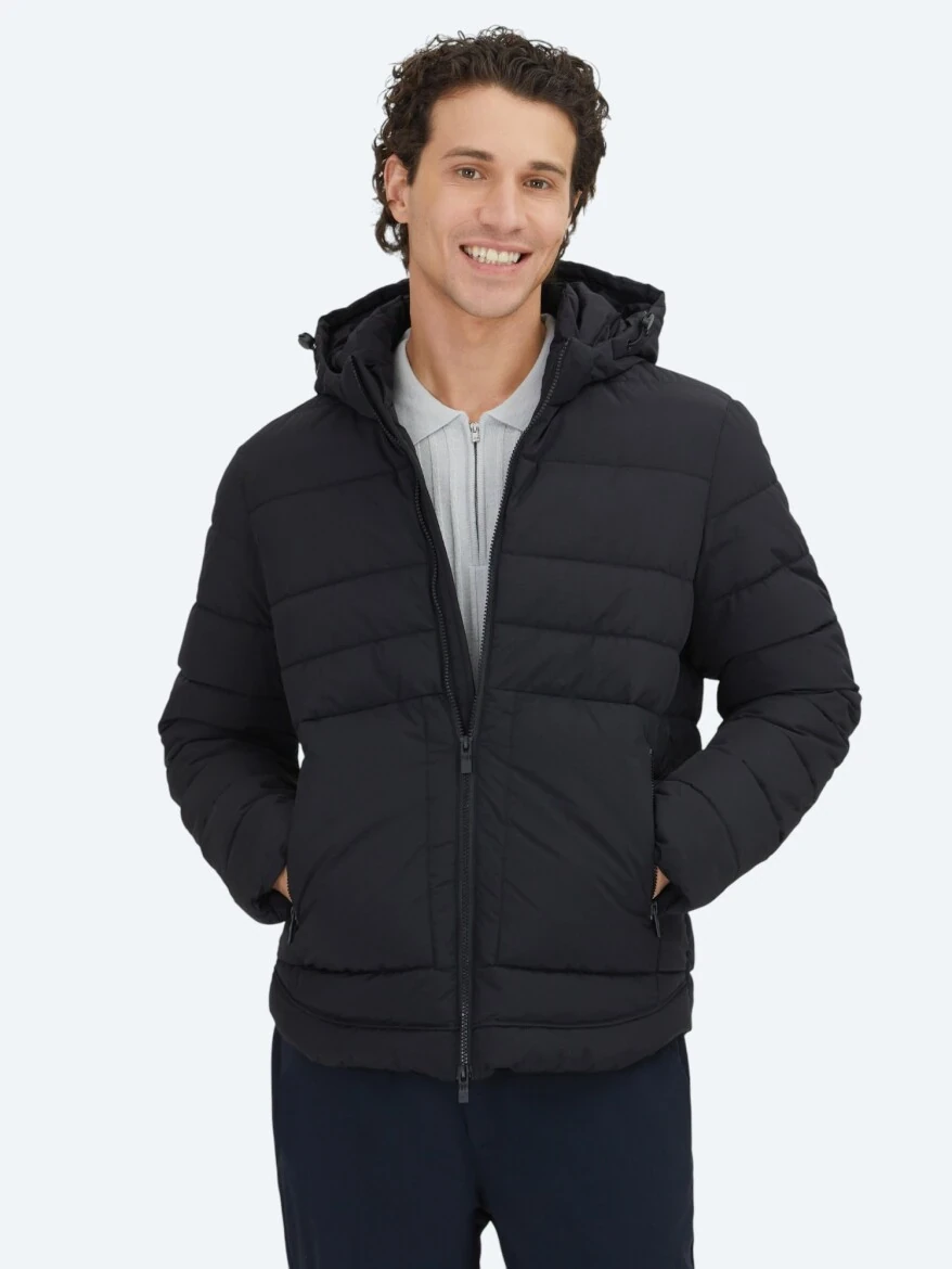 Black Regular Fit Hooded Casual Weaving Coat - 1