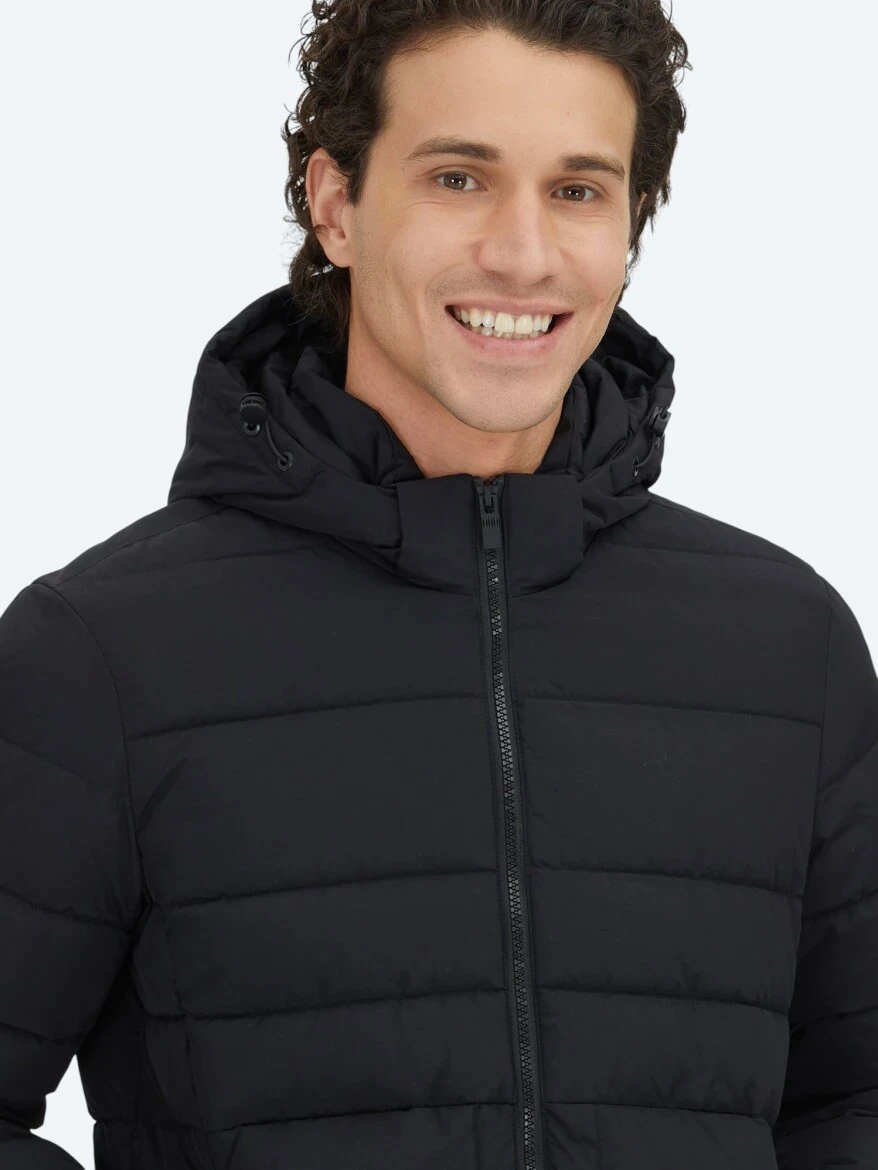 Black Regular Fit Hooded Casual Weaving Coat - 3