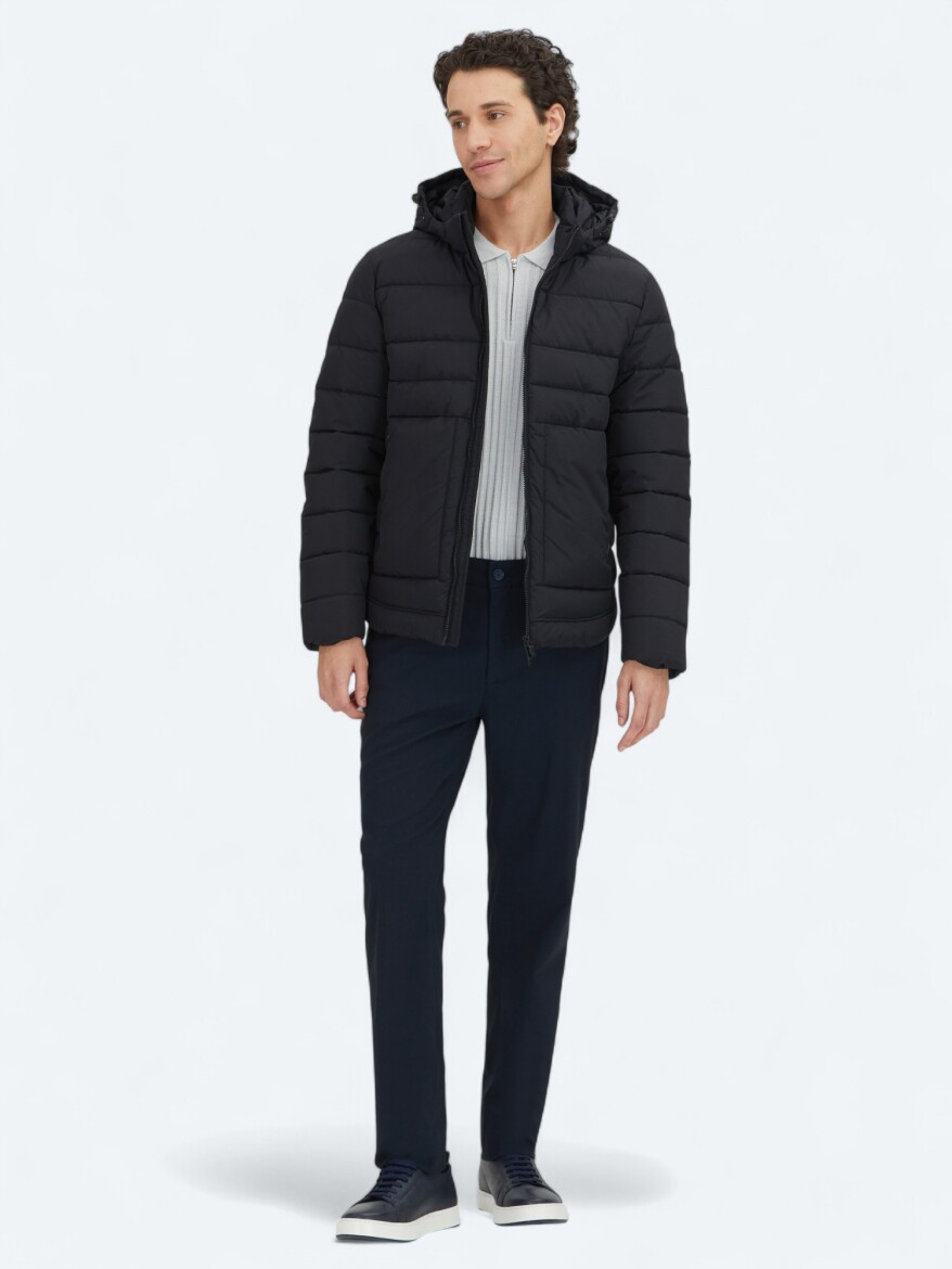 Black Regular Fit Hooded Casual Weaving Coat - KİP