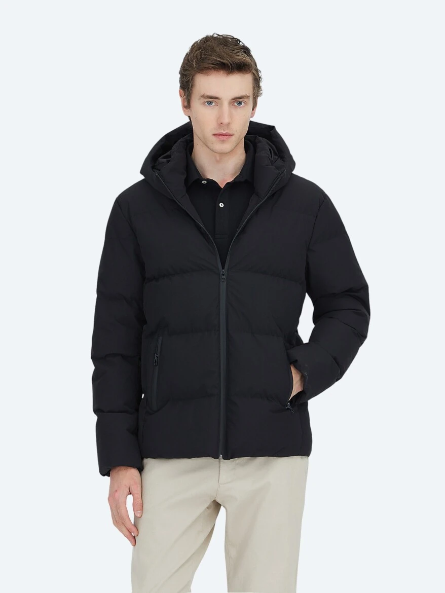 Black Regular Fit Hooded Casual Weaving Coat - KİP