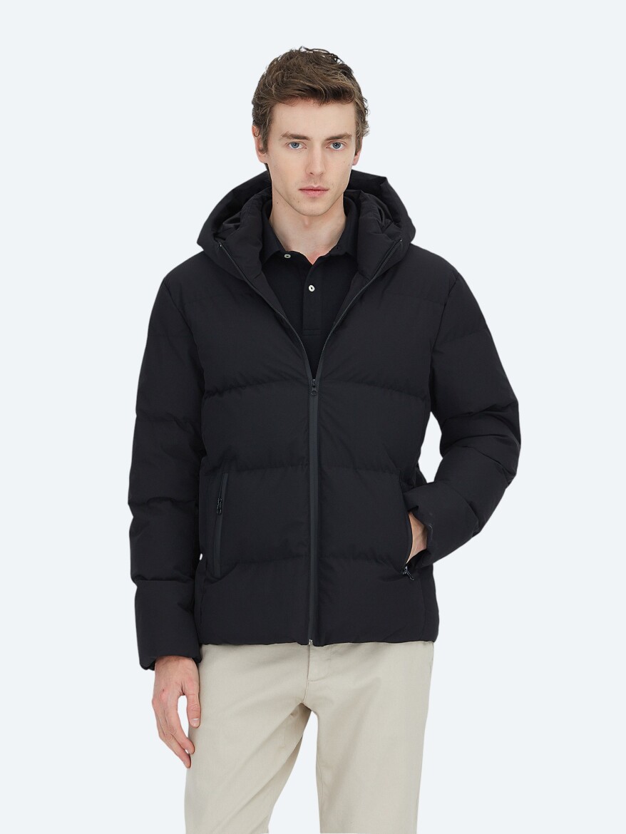 Black Regular Fit Hooded Casual Weaving Coat - KİP