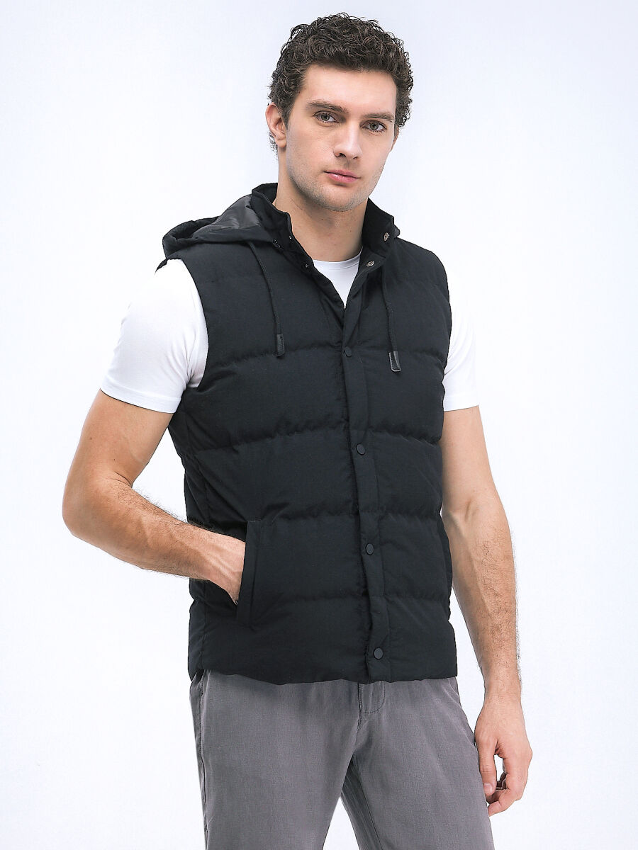 Black Regular Fit Hooded Casual Weaving Puffer Vest - 1