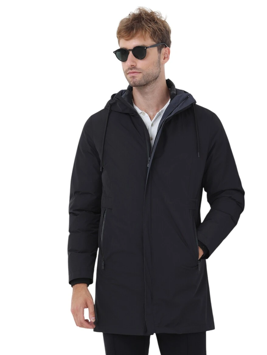 Black Regular Fit Hooded Casual Weaving Rain Coat - KİP
