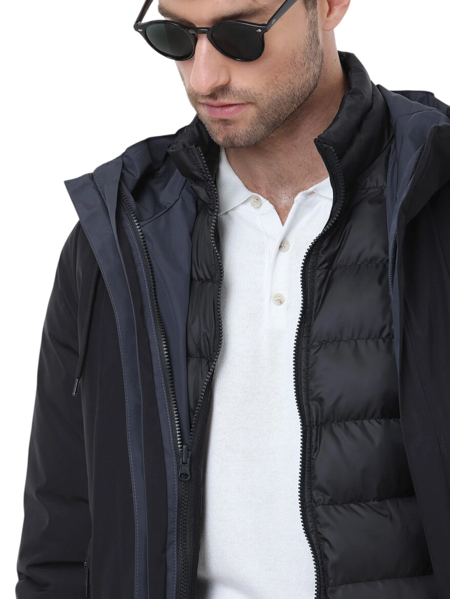 Black Regular Fit Hooded Casual Weaving Rain Coat - 10