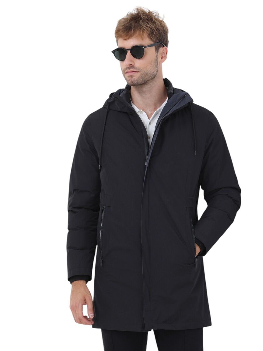 Black Regular Fit Hooded Casual Weaving Rain Coat - 2