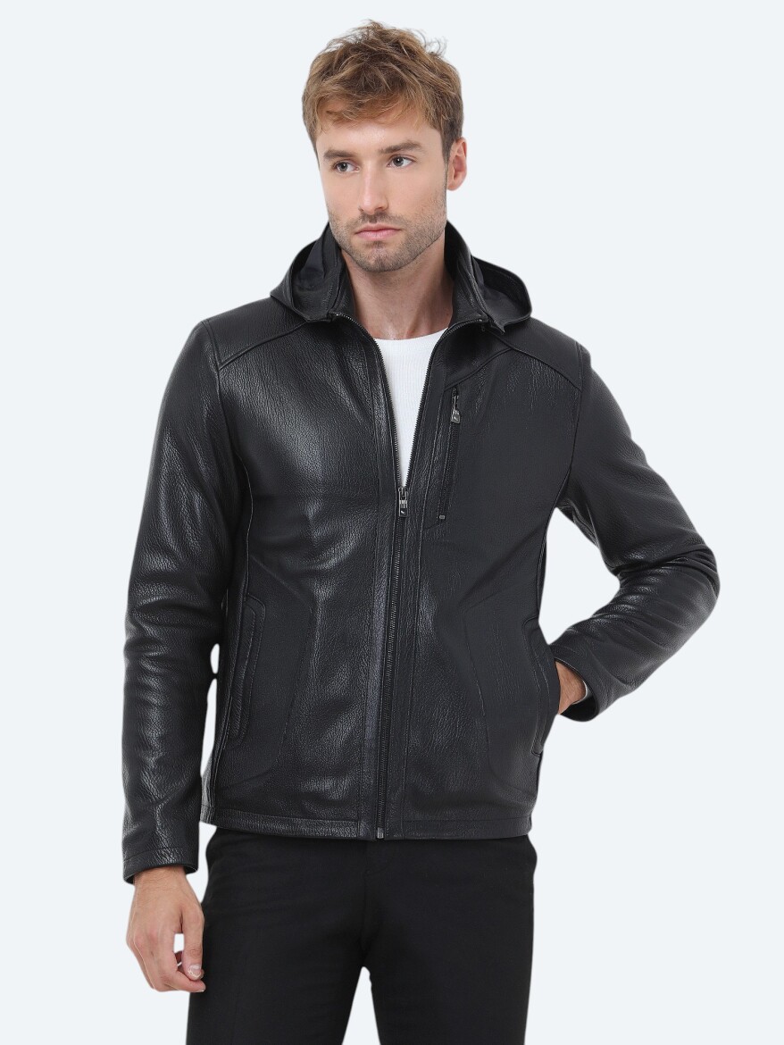 Black Regular Fit Hooded Smart Casual Sheep Leather Leather Coat - 5