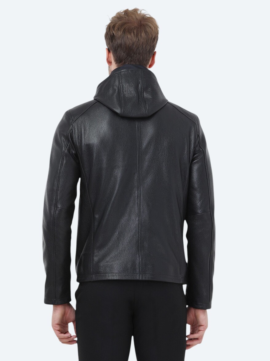 Black Regular Fit Hooded Smart Casual Sheep Leather Leather Coat - 7