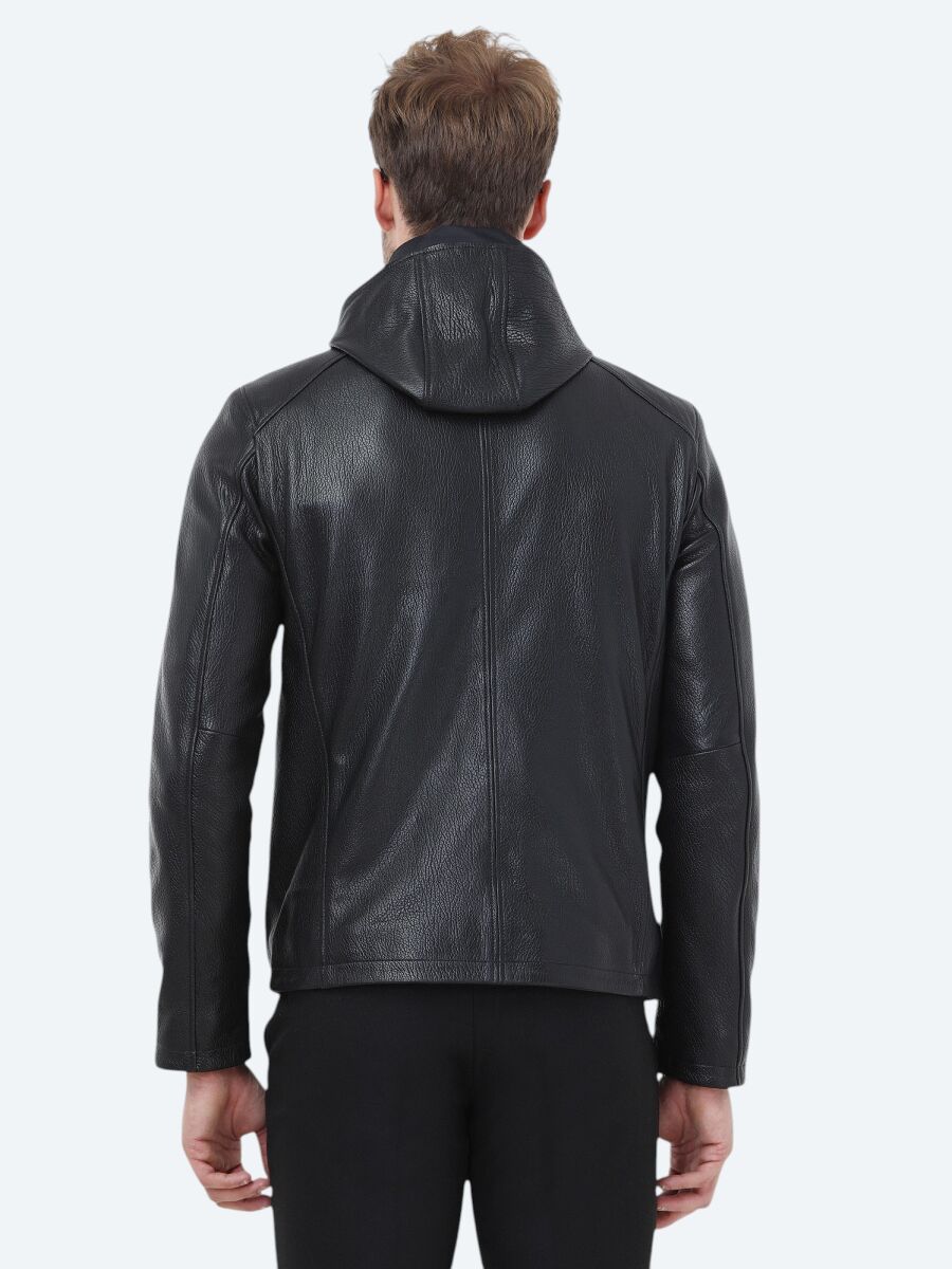 Black Regular Fit Hooded Smart Casual Sheep Leather Leather Coat - 7