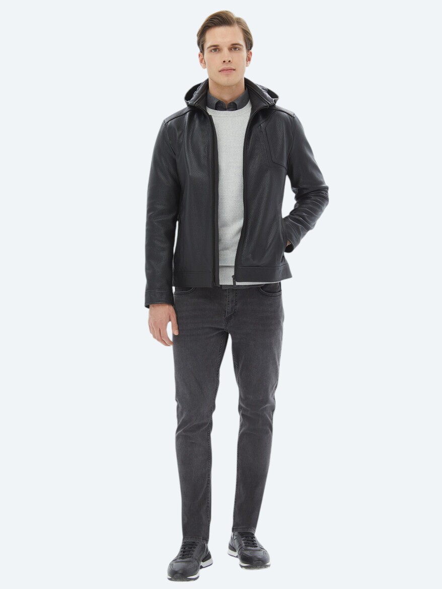 Black Regular Fit Hooded Smart Casual Sheep Leather Leather Coat - 2