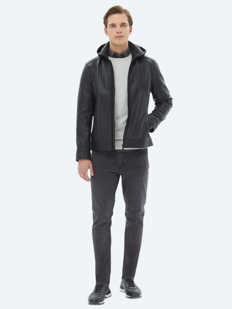 Black Regular Fit Hooded Smart Casual Sheep Leather Leather Coat - 2