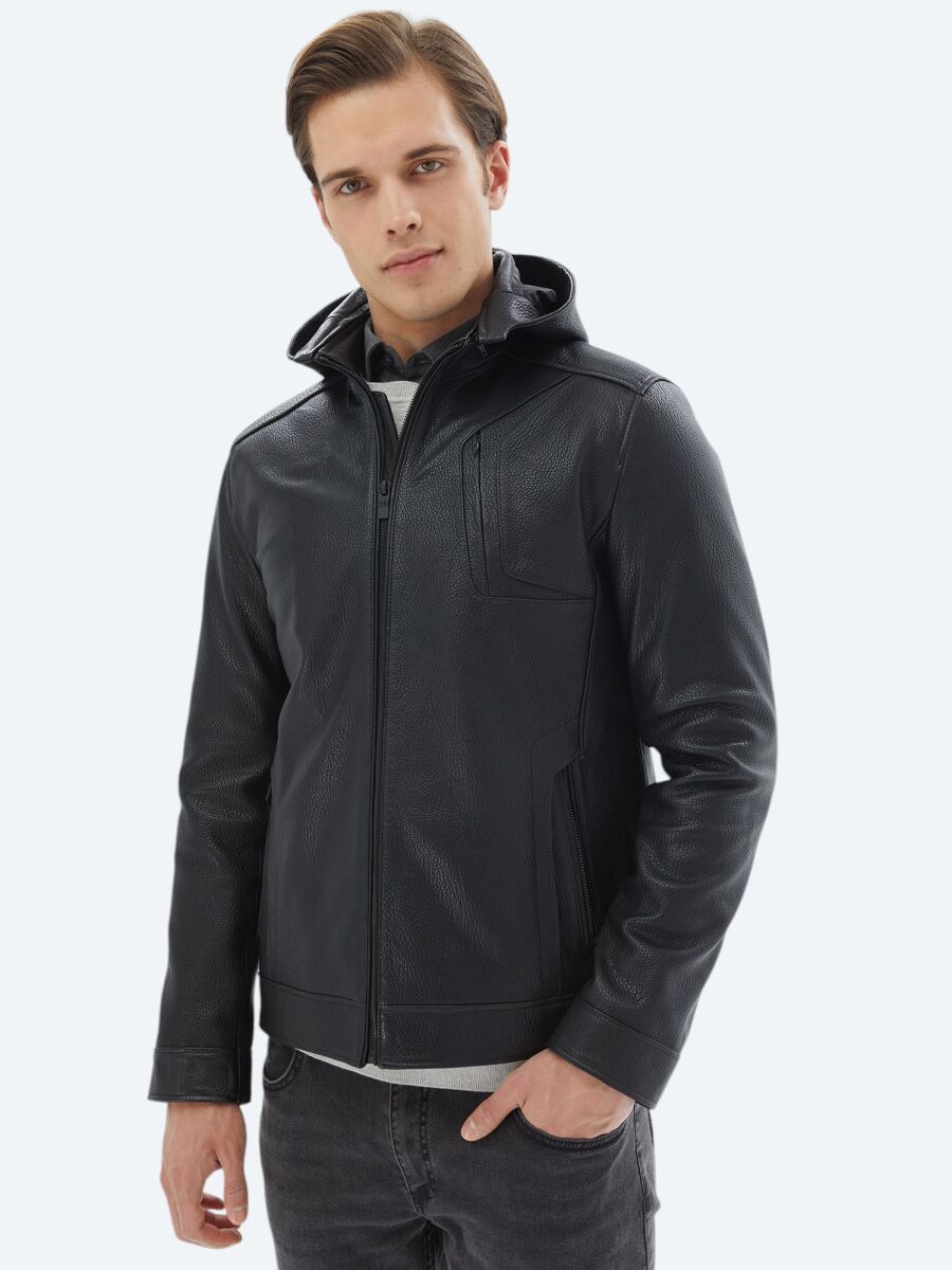 Black Regular Fit Hooded Smart Casual Sheep Leather Leather Coat - 3