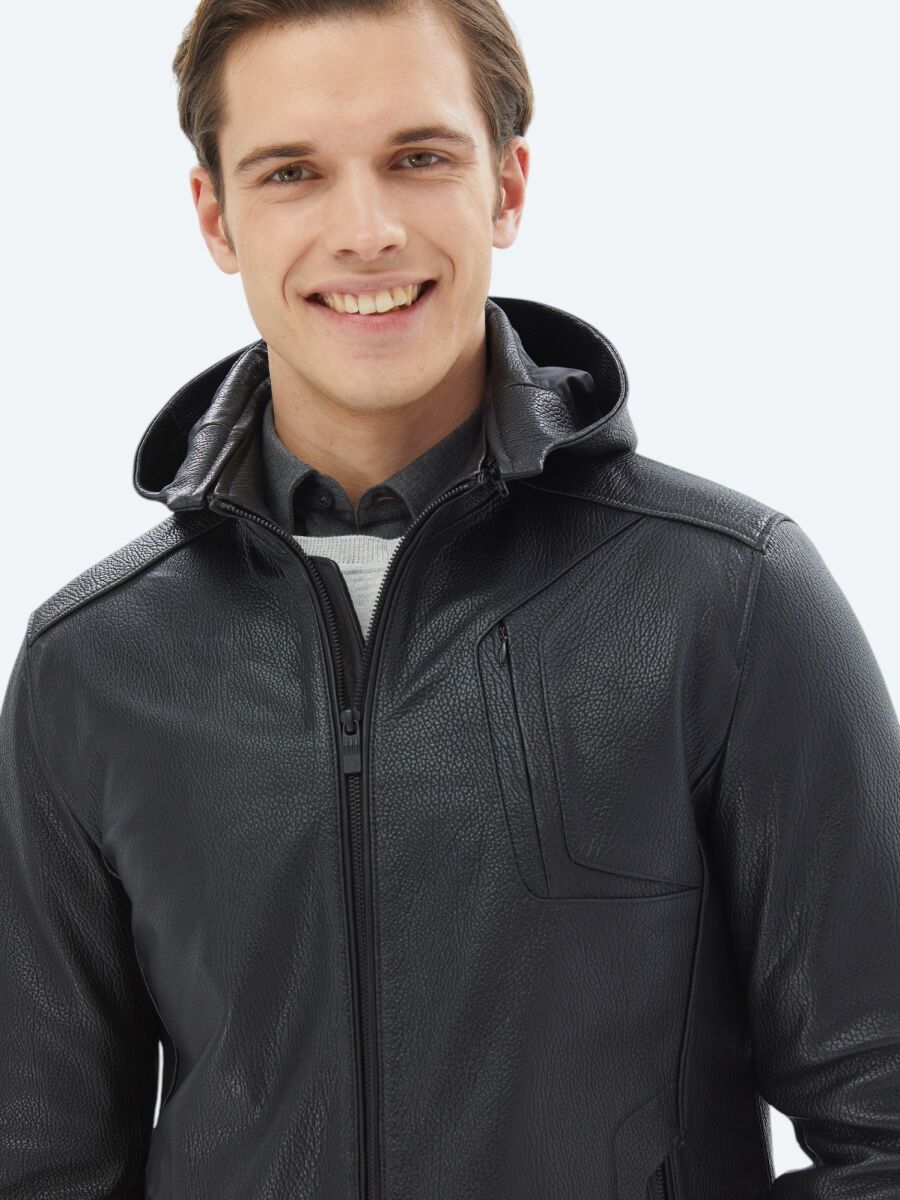 Black Regular Fit Hooded Smart Casual Sheep Leather Leather Coat - 4