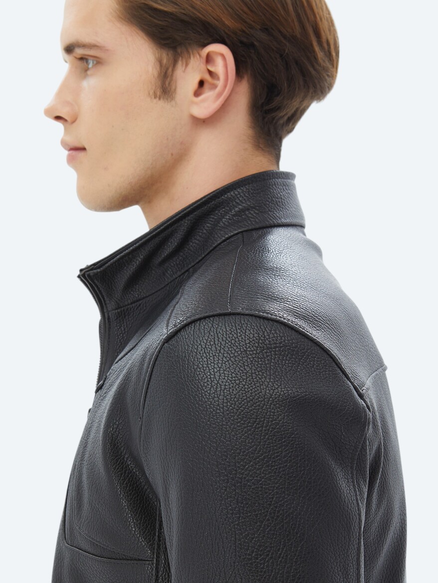 Black Regular Fit Hooded Smart Casual Sheep Leather Leather Coat - 9