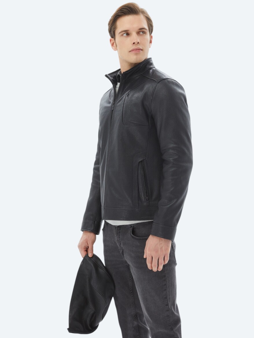 Black Regular Fit Hooded Smart Casual Sheep Leather Leather Coat - 10