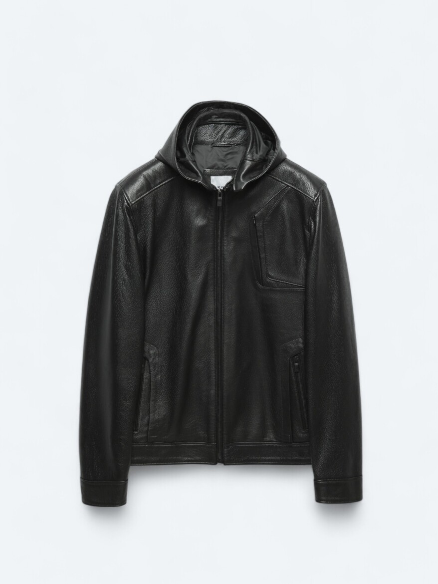 Black Regular Fit Hooded Smart Casual Sheep Leather Leather Coat - 12