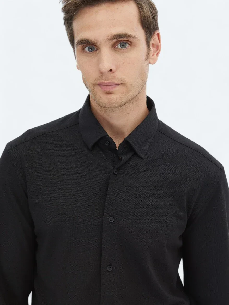 Black Regular Fit Knitting Casual Cotton Blended Shirt - 4