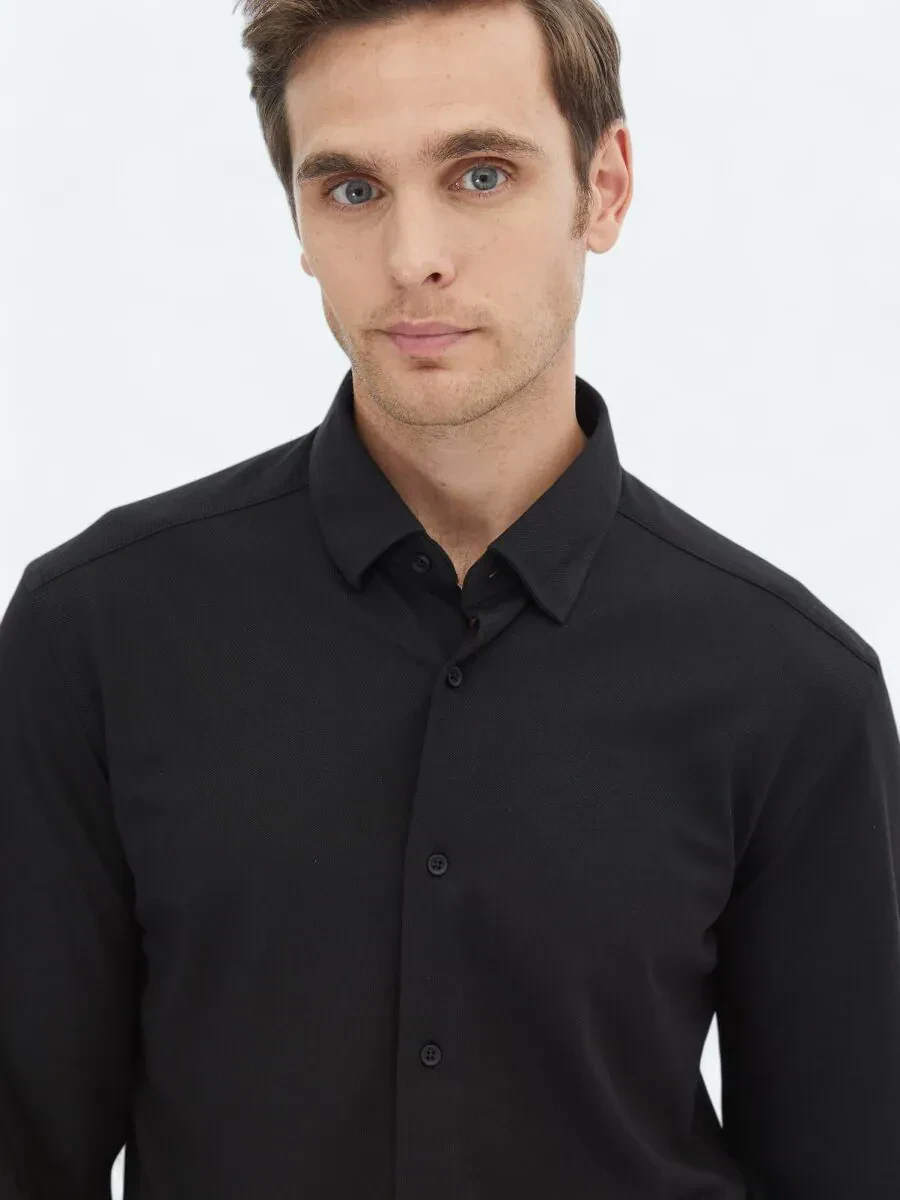 Black Regular Fit Knitting Casual Cotton Blended Shirt - 4