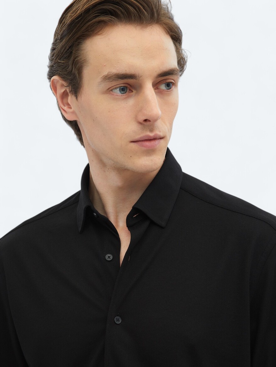 Black Regular Fit Knitting Casual Cotton Blended Shirt - 6