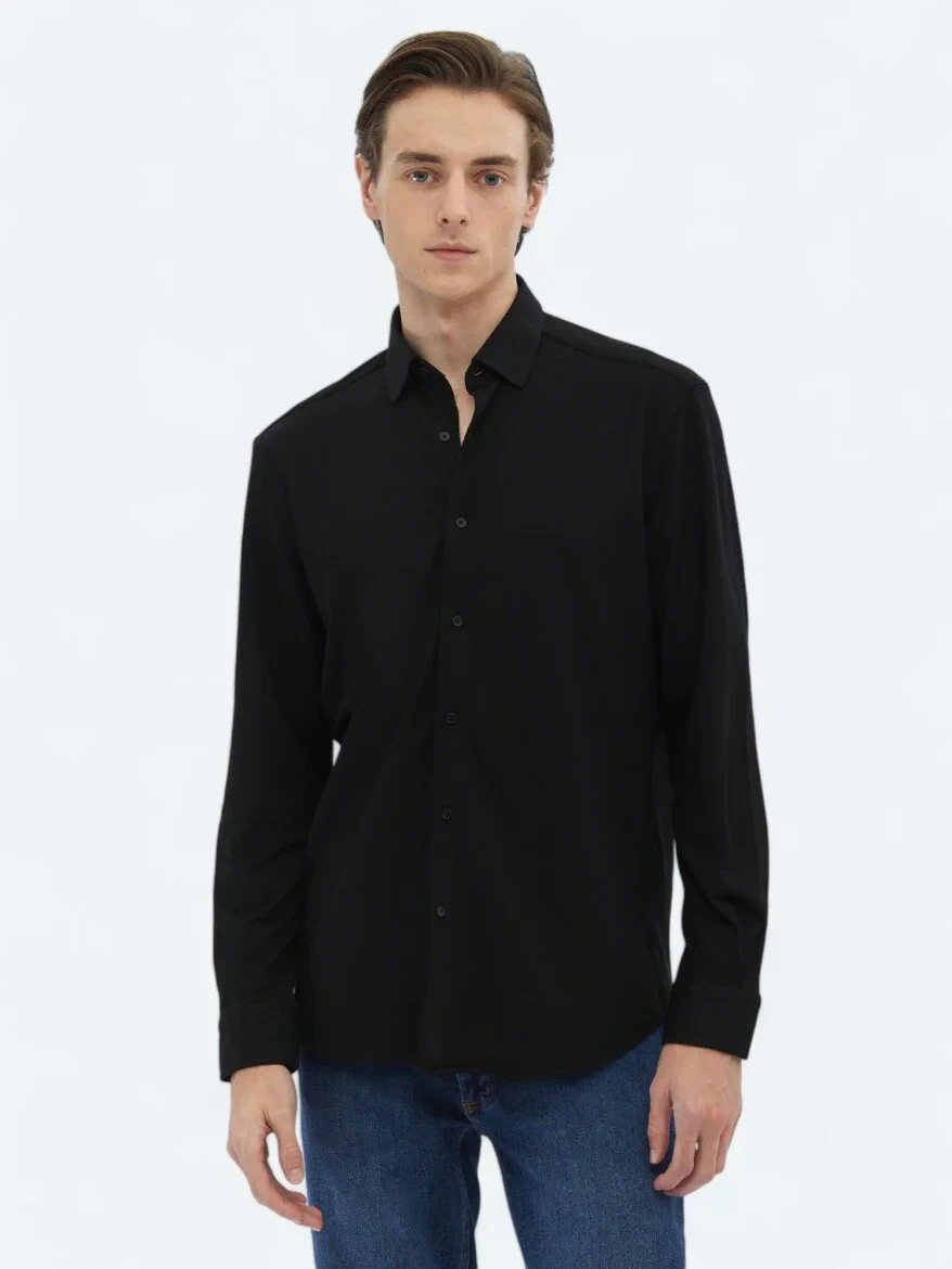 Black Regular Fit Knitting Casual Cotton Blended Shirt - 3