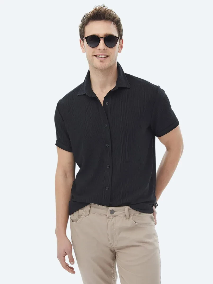 Black Regular Fit Knitting Casual Shirt - 1