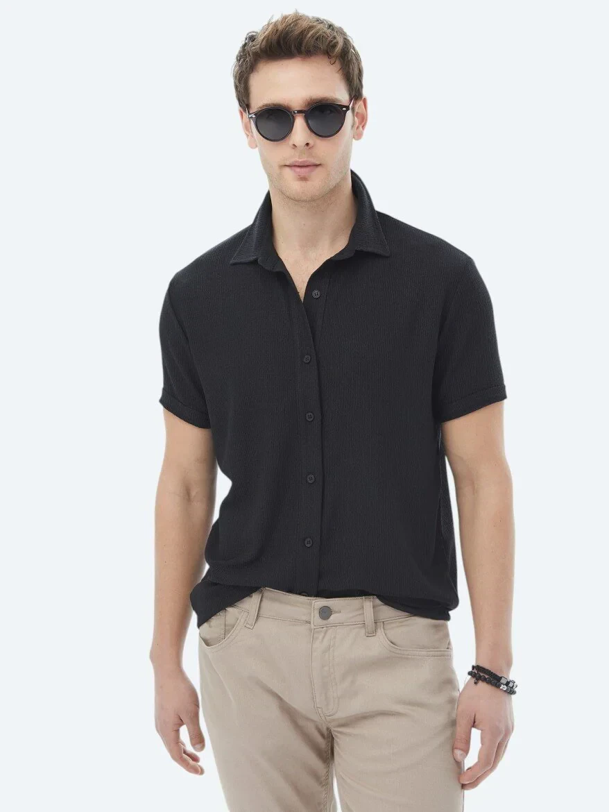 Black Regular Fit Knitting Casual Shirt - 2