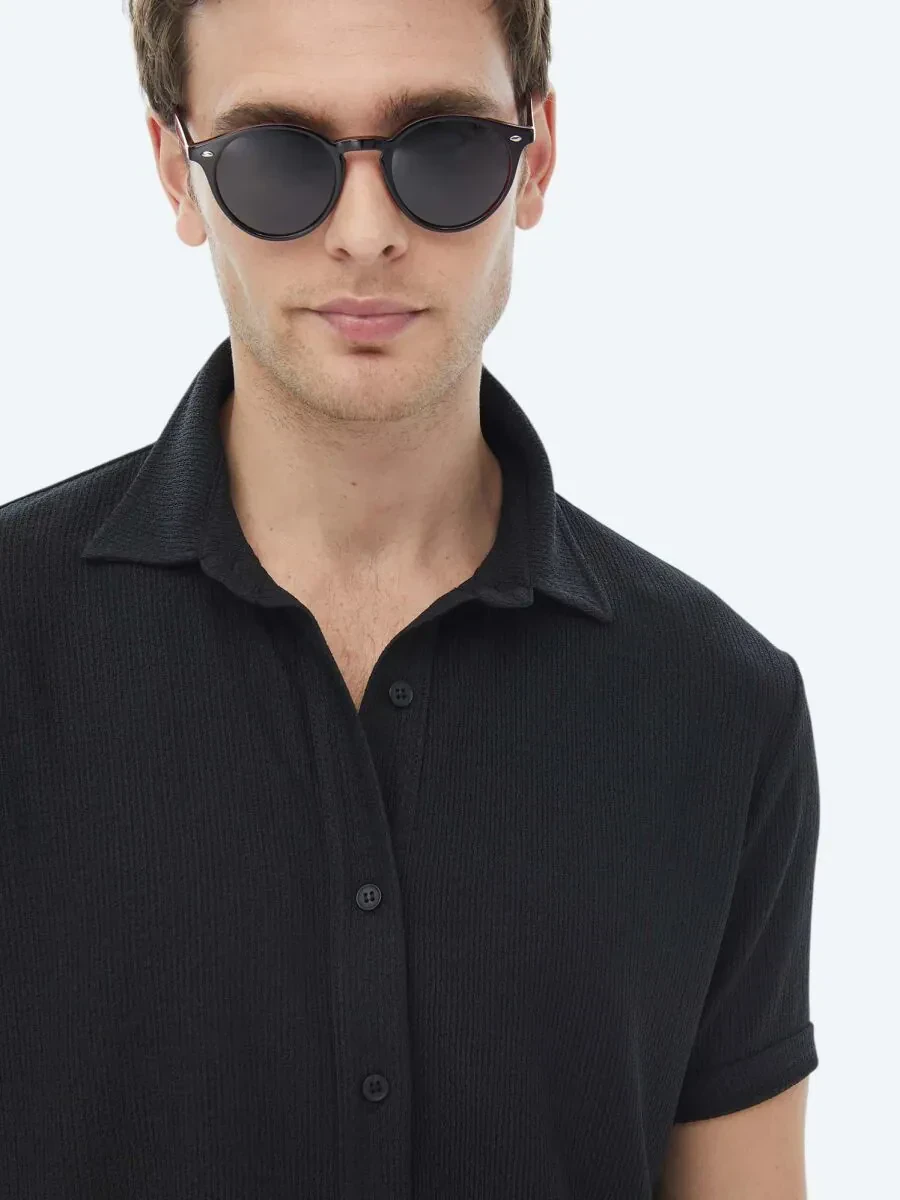 Black Regular Fit Knitting Casual Shirt - 4