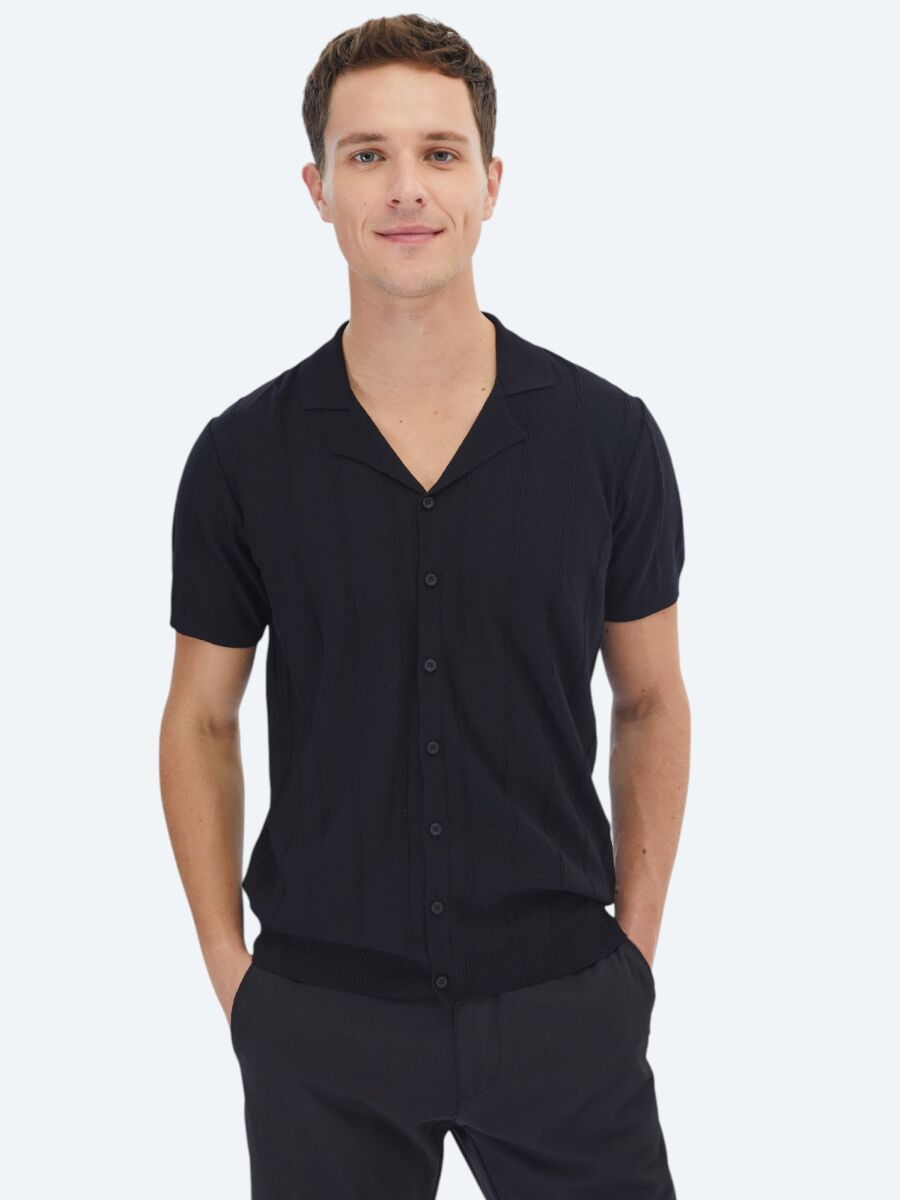 Black Regular Fit Knitting Casual Shirt - 1