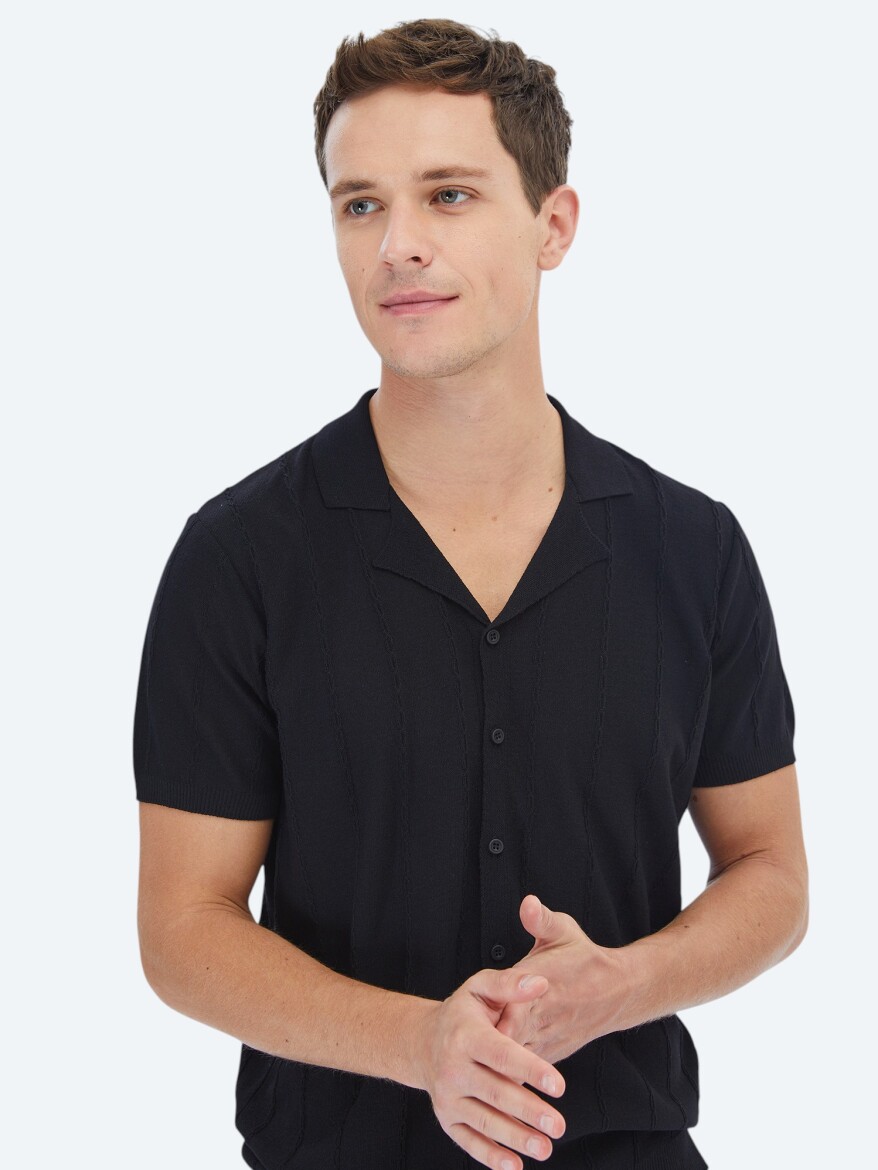 Black Regular Fit Knitting Casual Shirt - 3