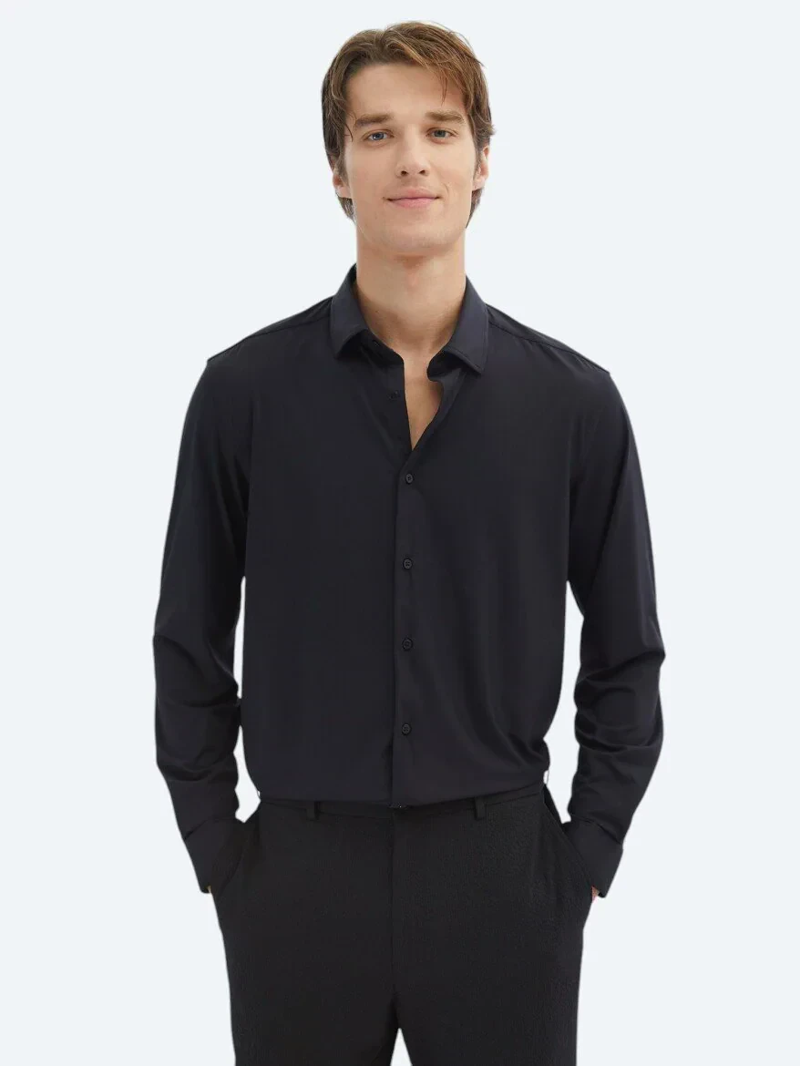 Black Regular Fit Knitting Casual Shirt - 1