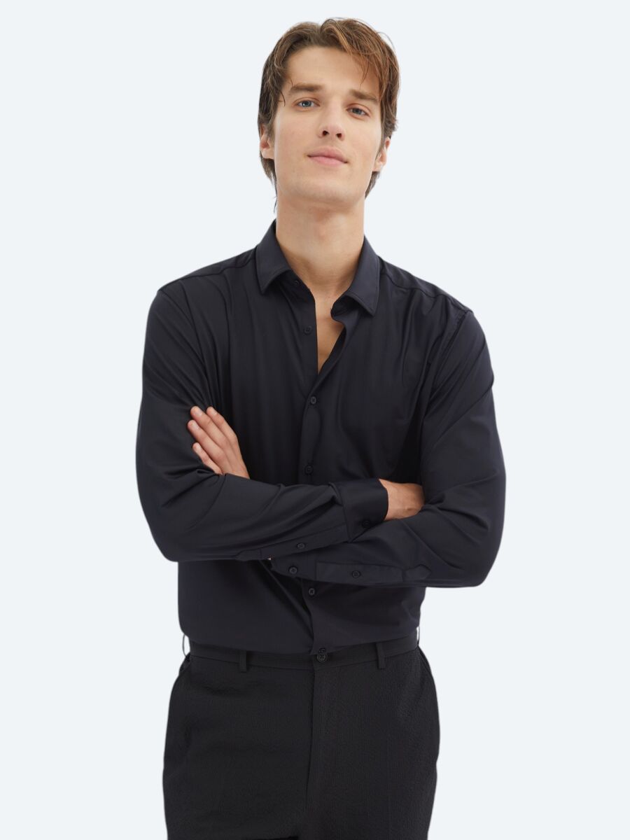 Black Regular Fit Knitting Casual Shirt - 3