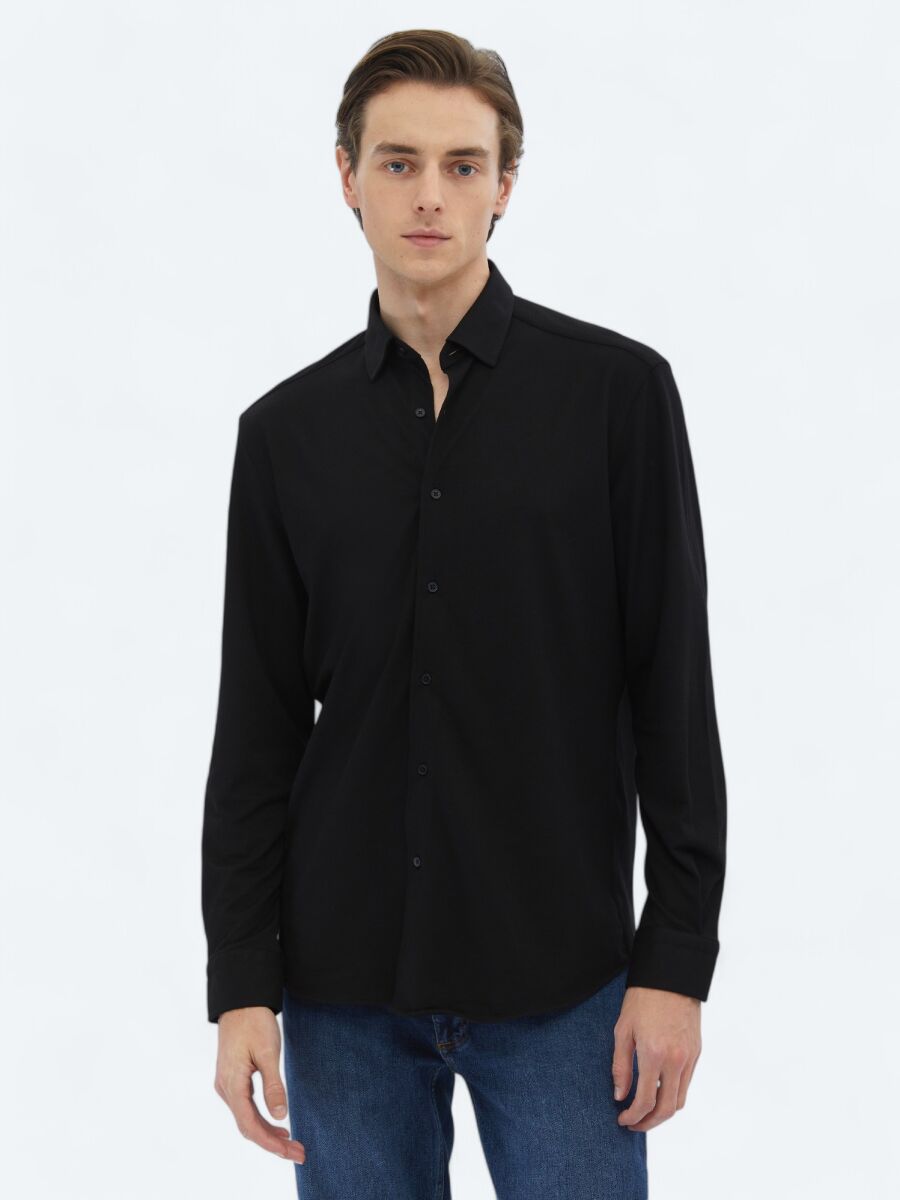 Black Regular Fit Long Knitting Casual Cotton Blended Shirt - 3