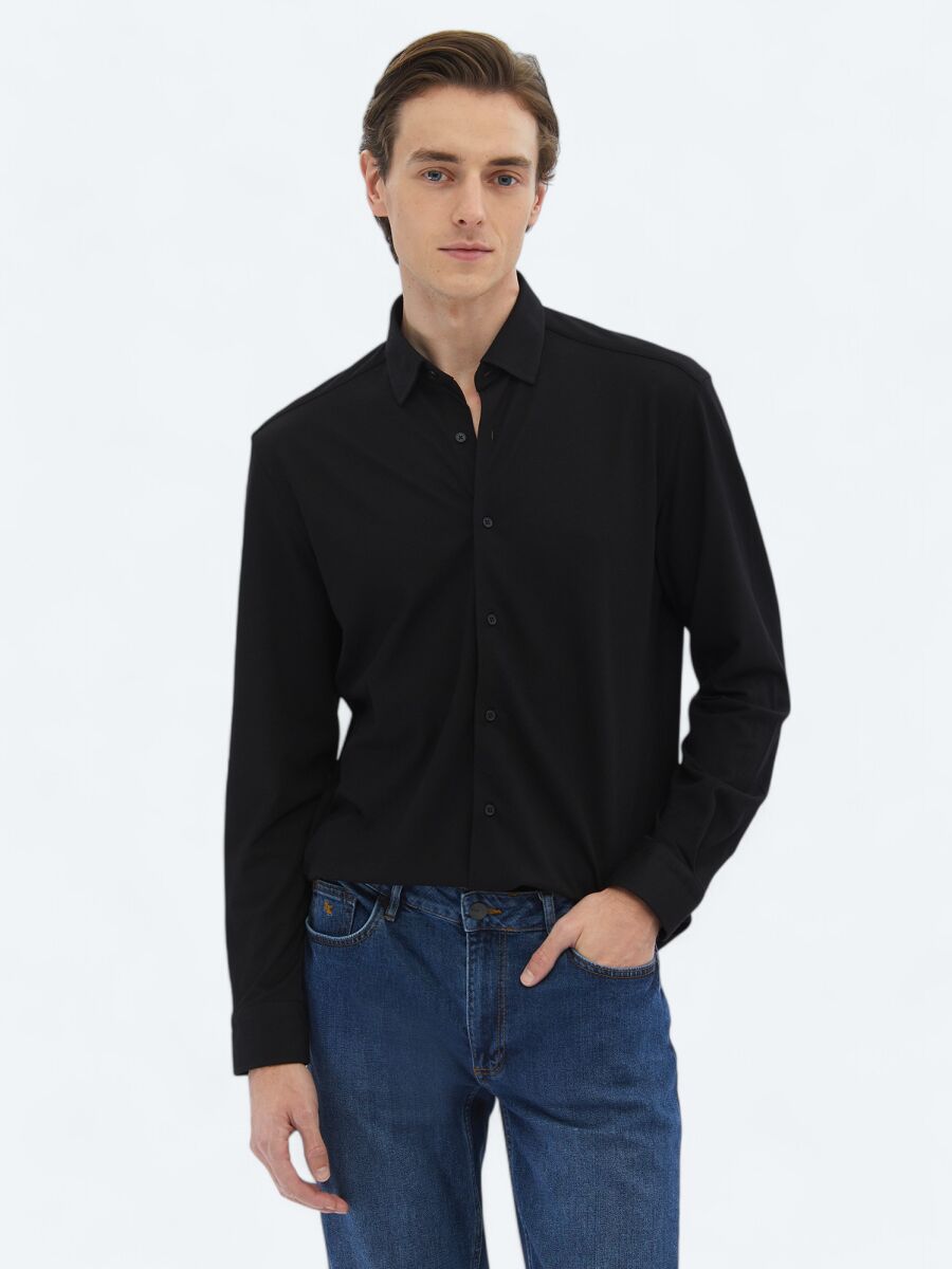 Black Regular Fit Long Knitting Casual Cotton Blended Shirt - 4