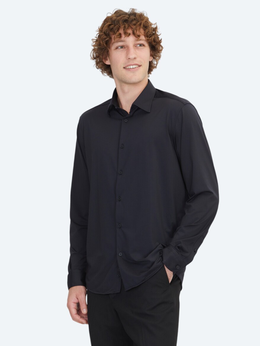 Black Regular Fit Long Knitting Casual Shirt 